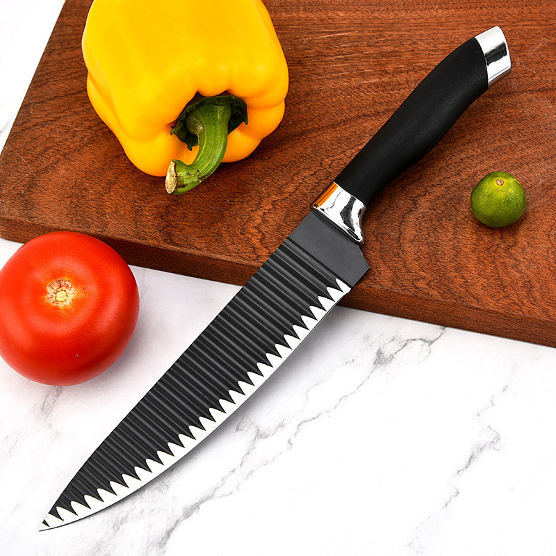 Yangjiang cuchillo de cocina negro doble cabeza galvanizada ondulada de tres piezas cuchillo de doble cara succión transfronteriza fuente directa fábrica al por mayor