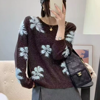 秋冬新款嵌花亮片花朵针织衫女圆领宽松长袖毛衣女装气质打底上衣