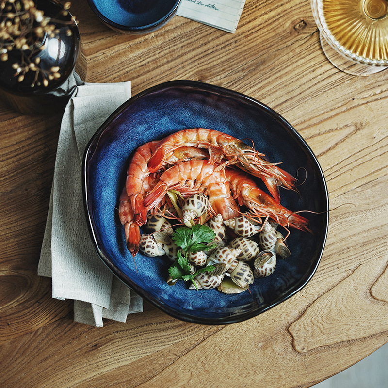 Tazón de cerámica azul irregular, cocido en horno, para uso transfronterizo, para fideos, ensalada, salsa, sopa, con acabado esmaltado