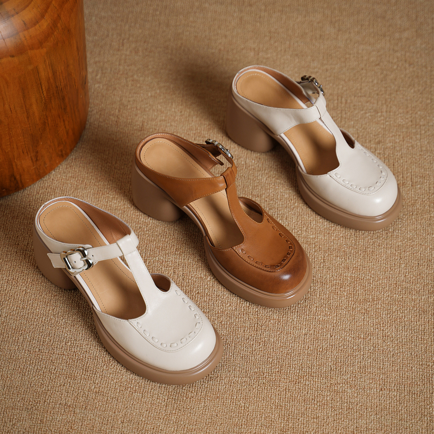 Sandal Mary Jane nữ mũi nhọn gót cao 8 cm quai ngang khóa dây — màu trắng ngà chi tiết 2