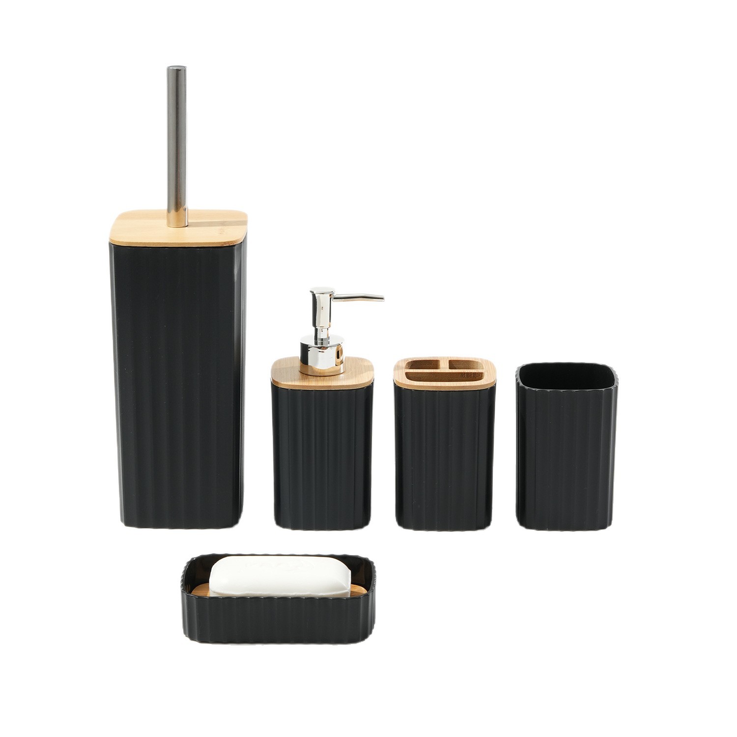 Baño de rayas cóncavas de 5 piezas conjunto de cepillo de inodoro de rayas verticales domésticas botella de embalaje de emulsión de cepillo de dientes taza caja de jabón conjunto