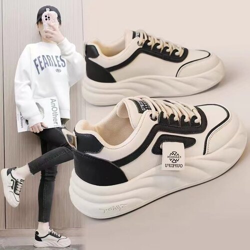 Authentic Leather White Women's Shoes 2025 Spring Color-blocked Casual Platform Sneakers Trendy Thick-soled Student Casual Shoes