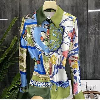 意大利~狂赞的一款~Q货~翻领开衫动物印花仿真丝斜纹绸衬衫 1132