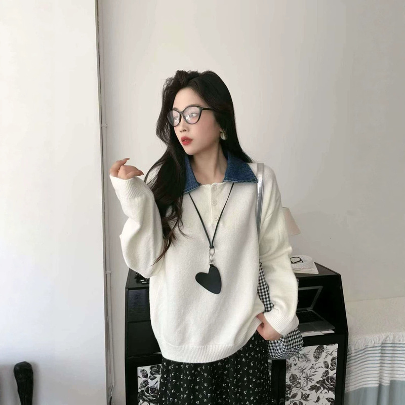 Denim Patchwork Faux Two-Piece Knit Sweater for Women 2026 New Autumn/Winter Lazy Style Loose Casual Top Trendy Denim Patchwork Faux Two-Piece Knit Sweater for Women 2026 New Autumn/Winter Lazy Style Loose Casual Top Trendy