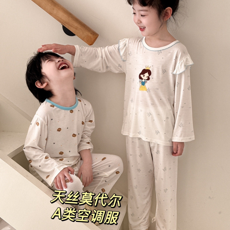 Children's Tencel Modal Summer Air Conditioning Clothing Thin Pajamas Cartoon Set Baby and Older Kids Seamless Homewear