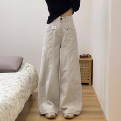 【韩牛】沙白色工装牛仔裤高腰设计新款显瘦春季宽松阔腿直筒裤子