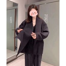 灰色双面羊毛围巾斗篷大衣女秋冬新款宽松韩版毛呢披肩短款外套潮