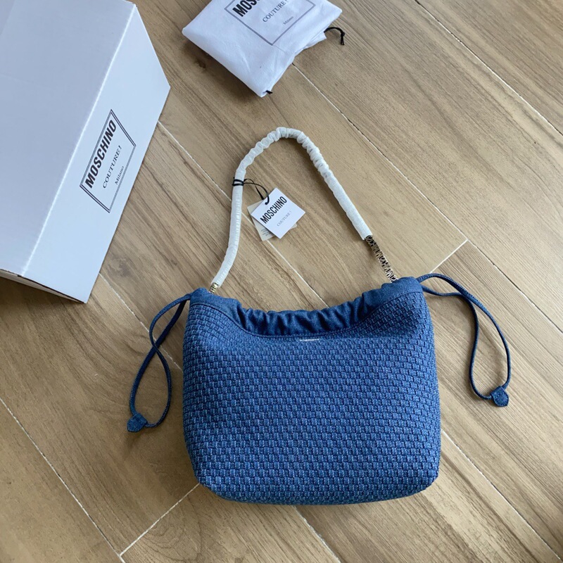 MOSCHINO Women's Blue Denim Woven Bag Commuting Shoulder Bag Bucket Bag MOSCHINO Women's Blue Denim Woven Bag Commuting Shoulder Bag Bucket Bag
