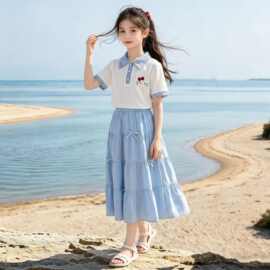 女童夏季套装新款儿童学院风短袖翻领上衣连衣裙女孩半身裙两件套