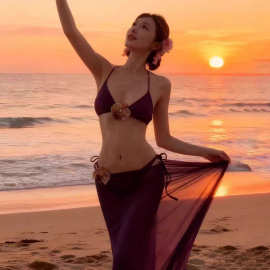 【紫啧】性感bikini分体三件套长裙温泉海边度假泳衣遮肉显瘦