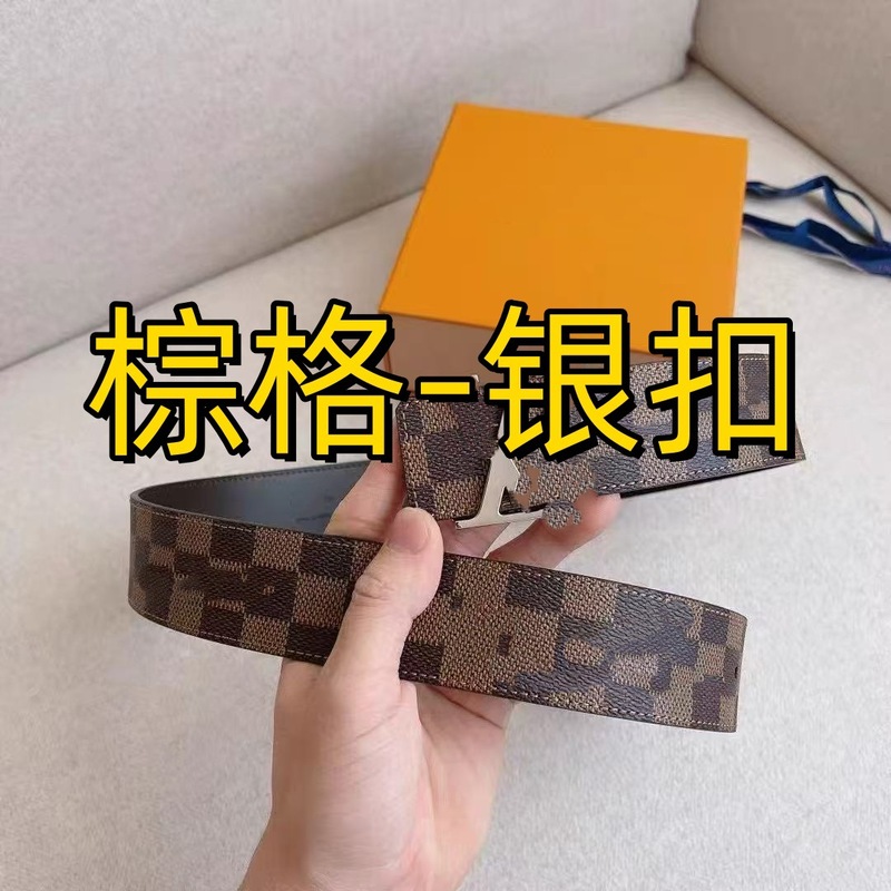 广州男士皮带男款韩版潮休闲百搭韩系平滑扣字母格纹个性裤带腰带|undefined