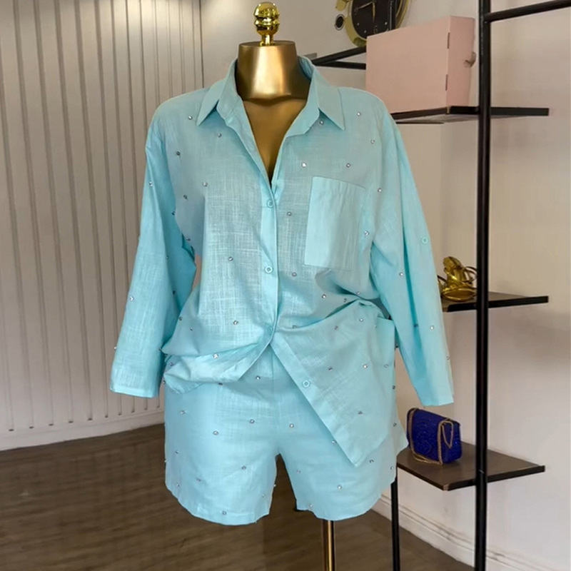 ヨーロッパとアメリカのクロスボーダー婦人服 2025 夏の新ファッションラペル七分袖ビーズシャツワイドレッグショーツスーツ|undefined