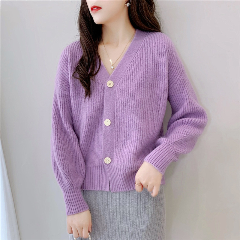 French V-Neck Candy Color Long Sleeve Cardigan Women's Loose Knit Sweater Coat Casual Elegant Outerwear_ecoleips.com