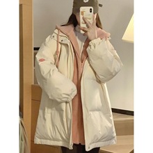 2025假两件羽绒棉服新款冬季连帽宽松加厚学生棉袄韩版棉衣外套女