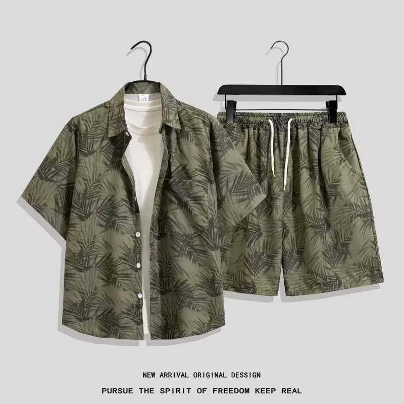 Мужской костюм из рубашки и шорт с тайским цветочным принтом, гавайская пляжная рубашка с коротким рукавом, парная одежда, новинка лета 2025 года, летняя куртка