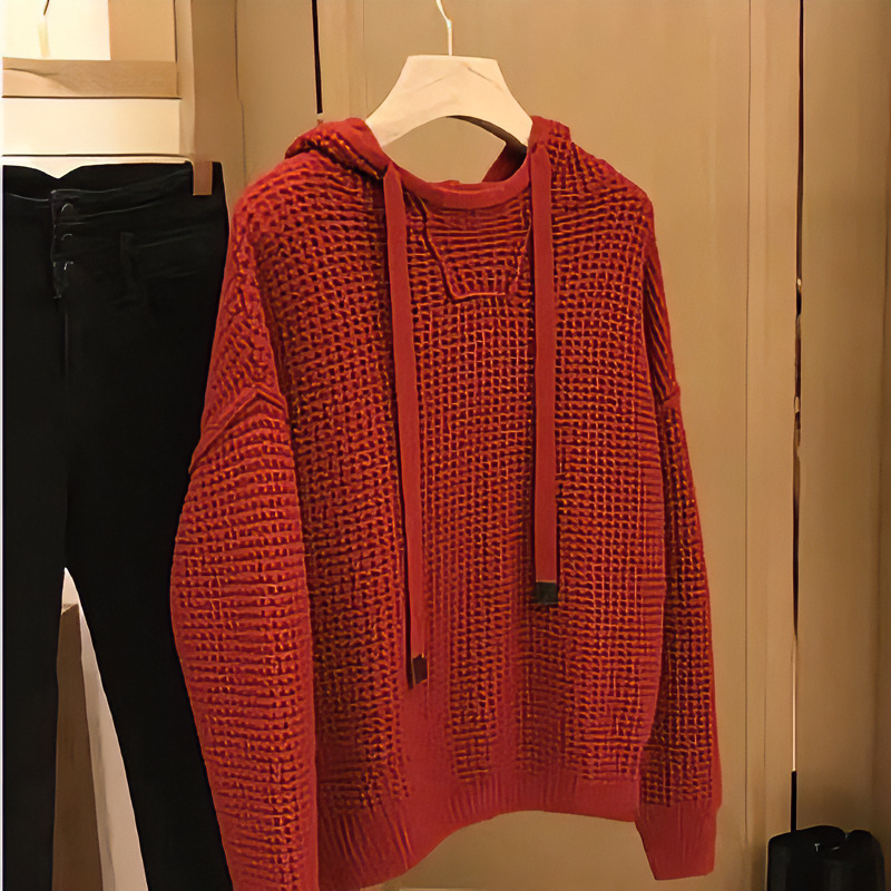 New autumn/winter knitted casual Hong Kong style sweater sweater drawstring hooded retro versatile long-sleeved solid color top