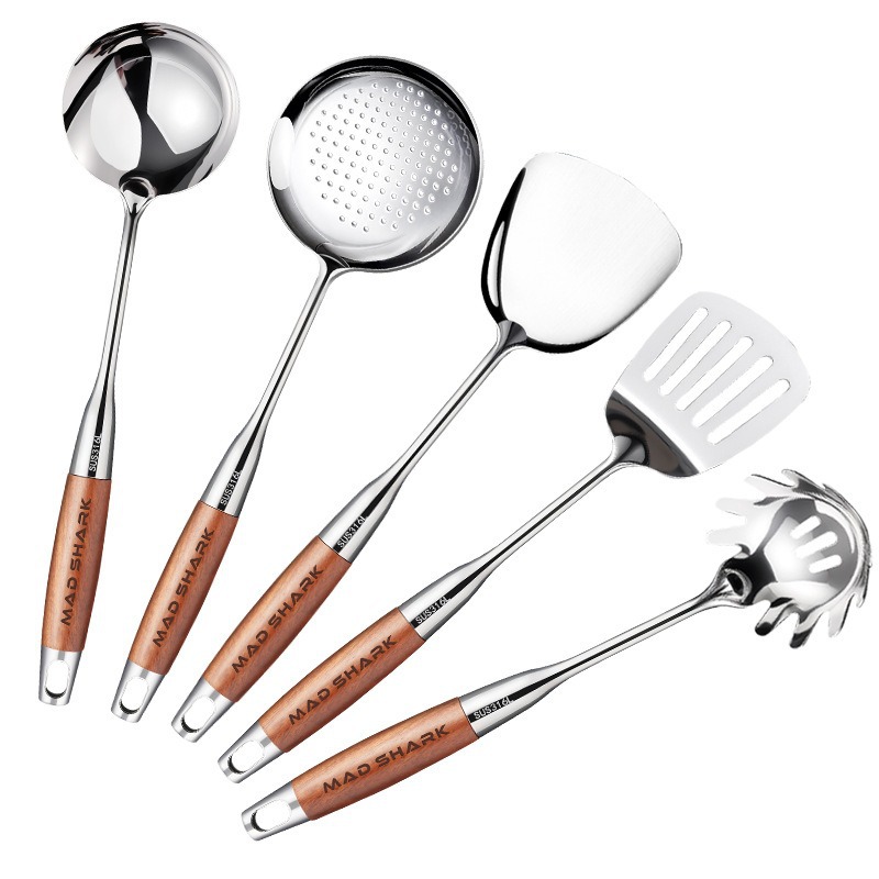 Tiburón salvaje flor de pera de madera casera 316 cocina de acero inoxidable pala de cocina frita set cucharas cocina marco