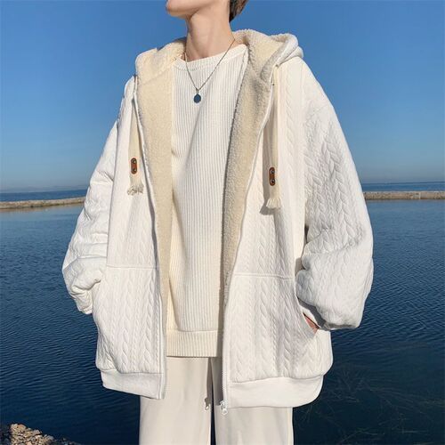 Lamb Wool Men's Winter Fleece Thick Jacket Cotton Padded Youth American Streetwear Hooded Warm Winter Coat