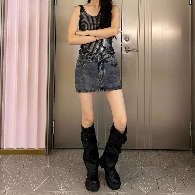 西部骑士牛仔靴秋冬复古厚底皮带扣不过膝长靴女长筒美拉德裤管靴|undefined