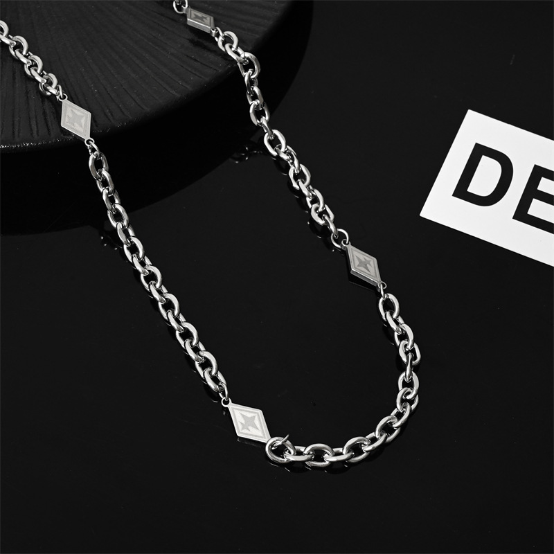Rhombus Pattern All Seasons Season Hip-Hop Vintage Style Rhombus Titanium Steel Polishing Men's Necklace Men Chain Necklaces