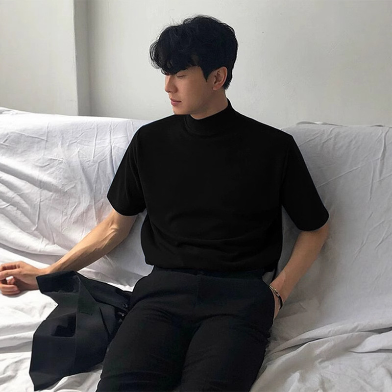 한국 스타일 트렌디 하프 터틀넥 티셔츠 남성용 반팔 솔리드 컬러 트렌디 루즈 미드 칼라 탑 여름 스탠드 칼라 티셔츠