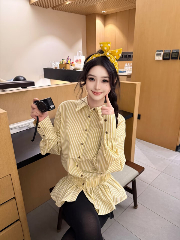 美式甜辣中长款条纹衬衫女装早秋设计感收腰显瘦别致小衫绝美上衣|undefined