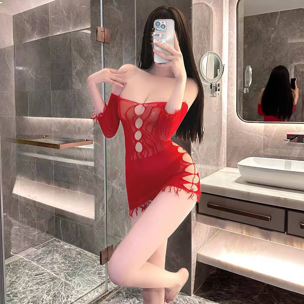 One-Shoulder See-Through Mesh Mini Dress, Long-Sleeve Open-Crotch Lingerie, White One Size — detail image 5