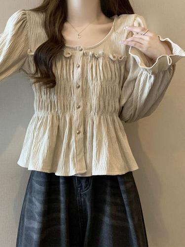 Plus-size French-style vintage pleated ruffle-edge shirt for women—perfect for spring and autumn, it subtly flatters curvy figures by hiding the belly while highlighting the collarbone, all in a chic square-neck design.