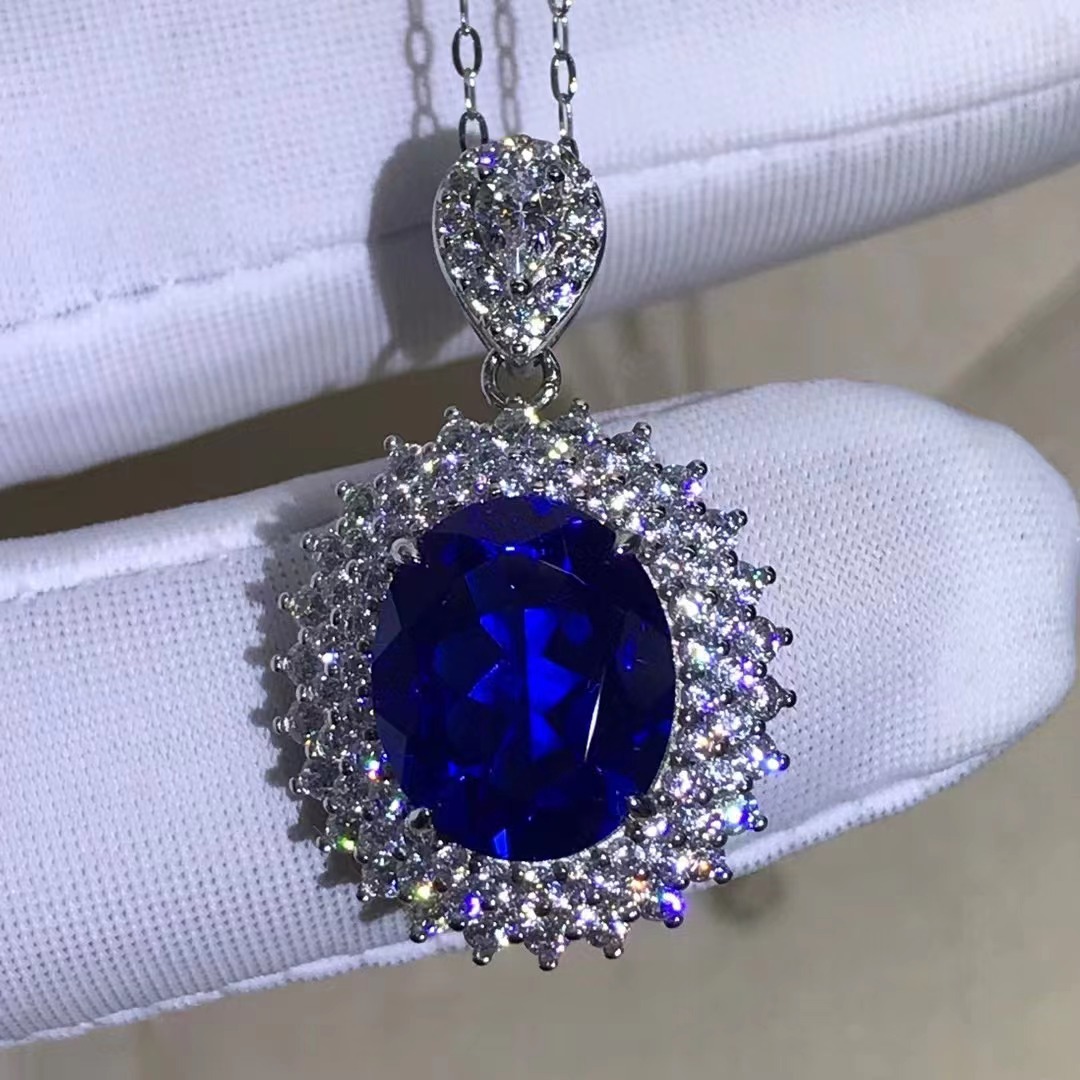 Simulación de collar de gemas de corte azul real S925 plateado engrosado mosaico sintético de zafiro real transfronterizo exclusivo