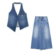 跨境2023批发ZA女装RA挂脖领牛仔上衣中腰半身裙套装套装Y13-4598