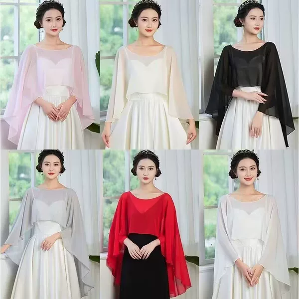 New Large Chiffon Shawl White Red Wedding Cape Shawl Black Cape Sleeveless Sun Protection Outer Wear