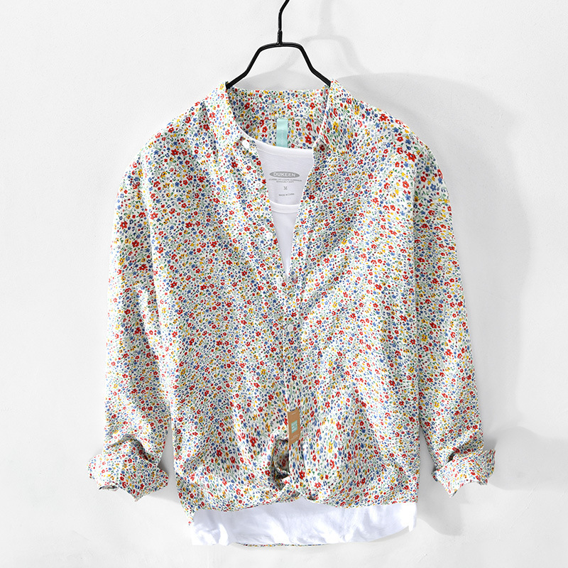 Z913 Spring/Summer New Men's Casual Long Sleeve Floral Linen Shirt Jacket Dropshipping