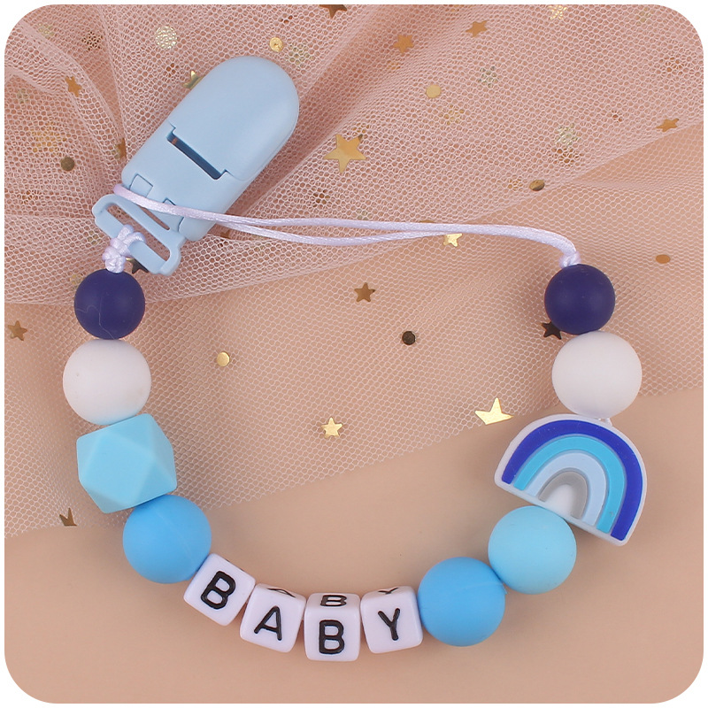 Nuevos suministros para bebés chupete Cadena de dibujos animados lindo arco iris de silicona pequeña cadena anti-caída mordedor