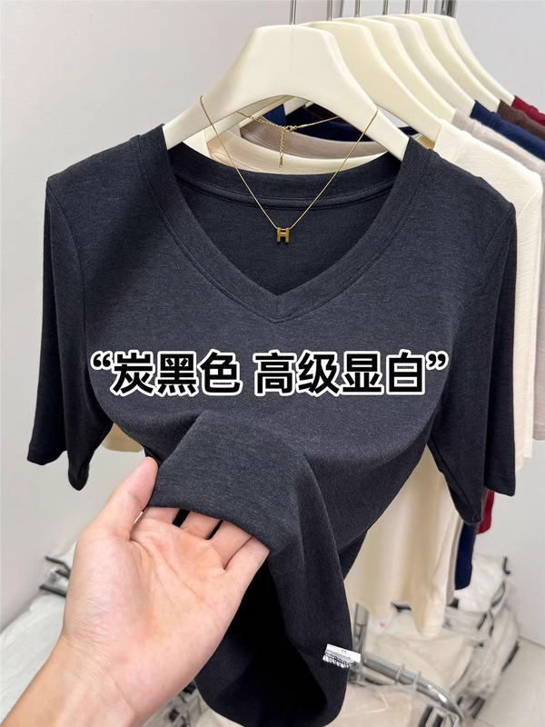 精品羊绒五分袖V领设计感上衣2025秋季欧货爆款百搭修身正肩内搭|undefined