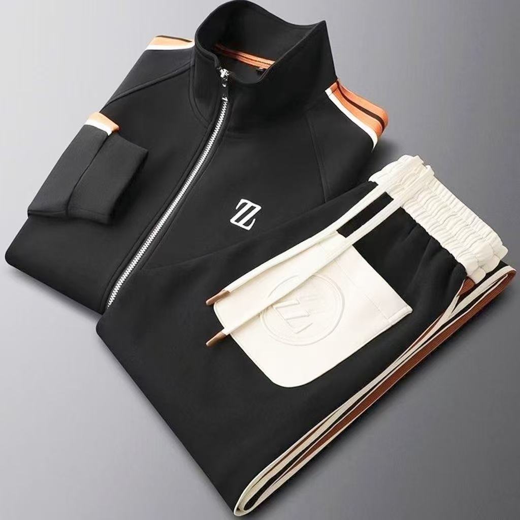 Spring and Autumn New Stand Collar Casual Sports Suit Men's Fashion Sportswear Long-Sleeved Straight Pants Two-Piece Set Trendy Men
