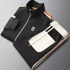 Spring and Autumn New Stand Collar Casual Sports Suit Men's Fashionable Tracksuit Long Sleeve Straight Leg Pants Two-Piece Set Trendy Men