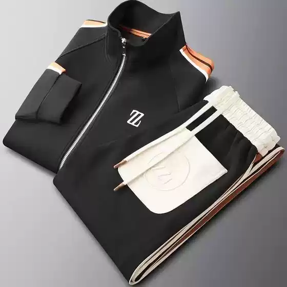 Spring and Autumn New Stand Collar Casual Sports Suit Men's Fashionable Tracksuit Long Sleeve Straight Leg Pants Two-Piece Set Trendy Men