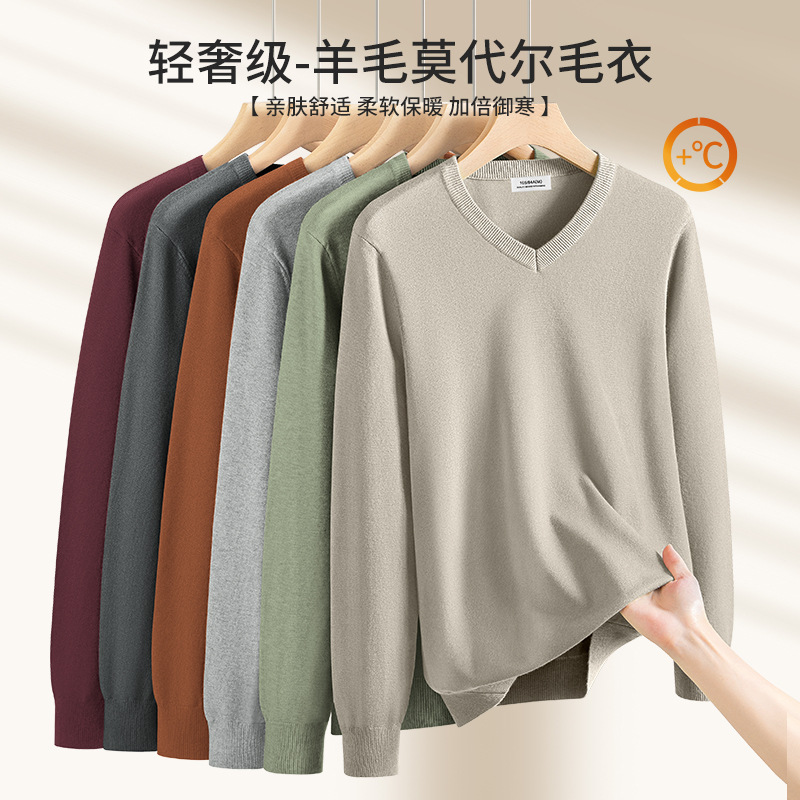 Wool Modal V Neck Knitwear Men's Autumn and Winter Knitwear Warm Long-Sleeved Bottoming Shirt Men's Inner Wear
