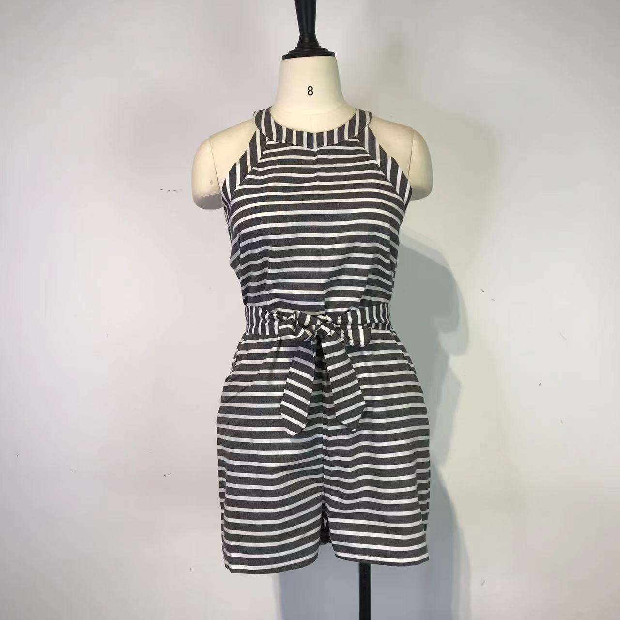 Jumpsuit Striped Strapless round Neck Zipper Casual Pants Summer