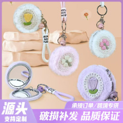 化粧鏡かわいいシルクフラワーペンダントぬいぐるみミラーポータブル折りたたみミニラウンドファッションペンダントバッグミラー
