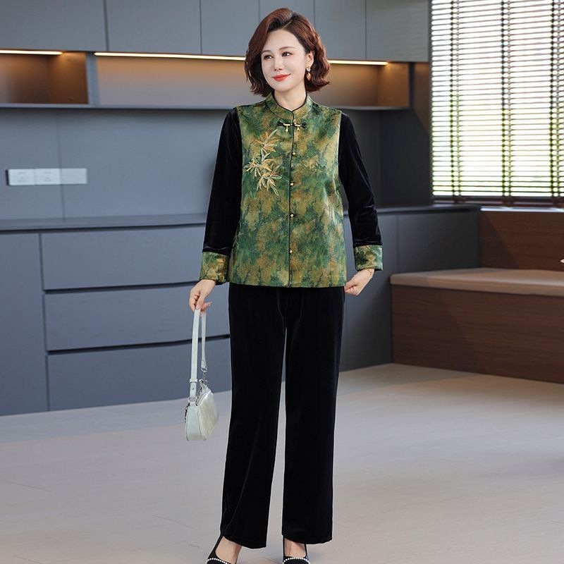 新款春秋装妈妈国风中式金丝绒马甲洋气三件套中老年女装时尚套装|undefined