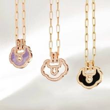 925纯银麒麟新款如意锁项链白贝母灰贝母紫罗兰如意吊坠锁骨链