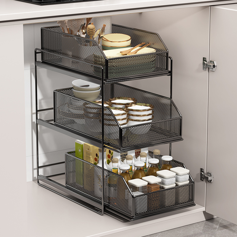Estante de cocina bajo el fregadero tipo de extracción de almacenamiento de cesta de extracción de platos de paneles y platos de cajón de gabinete multicapa con uso doméstico incorporado