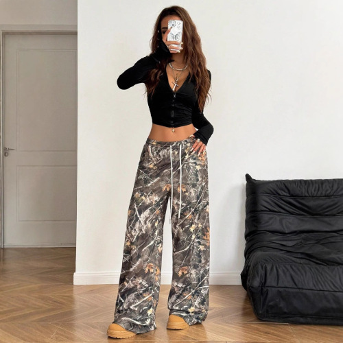 American-style fashionable loose-fitting elastic waistband camo print slim-leg floor-length pants for teenage girls