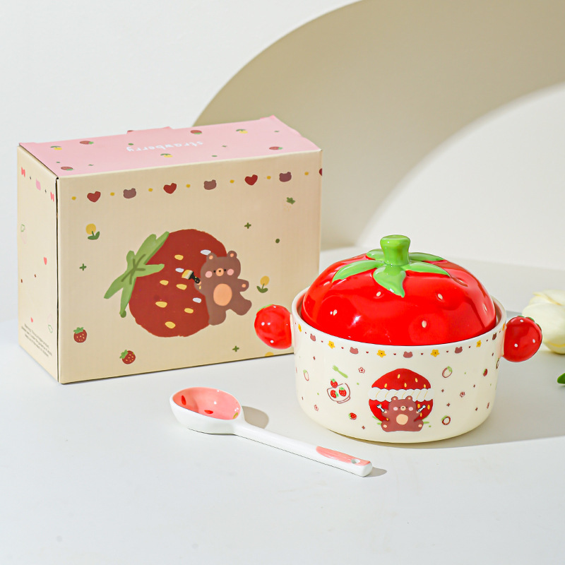 Cartoon Strawberry adorable tazón de fideos de chicas bolos de fideos caseros bolos de cerámica de doble oreja con cubierta cubierta de platos de regalo set de platos