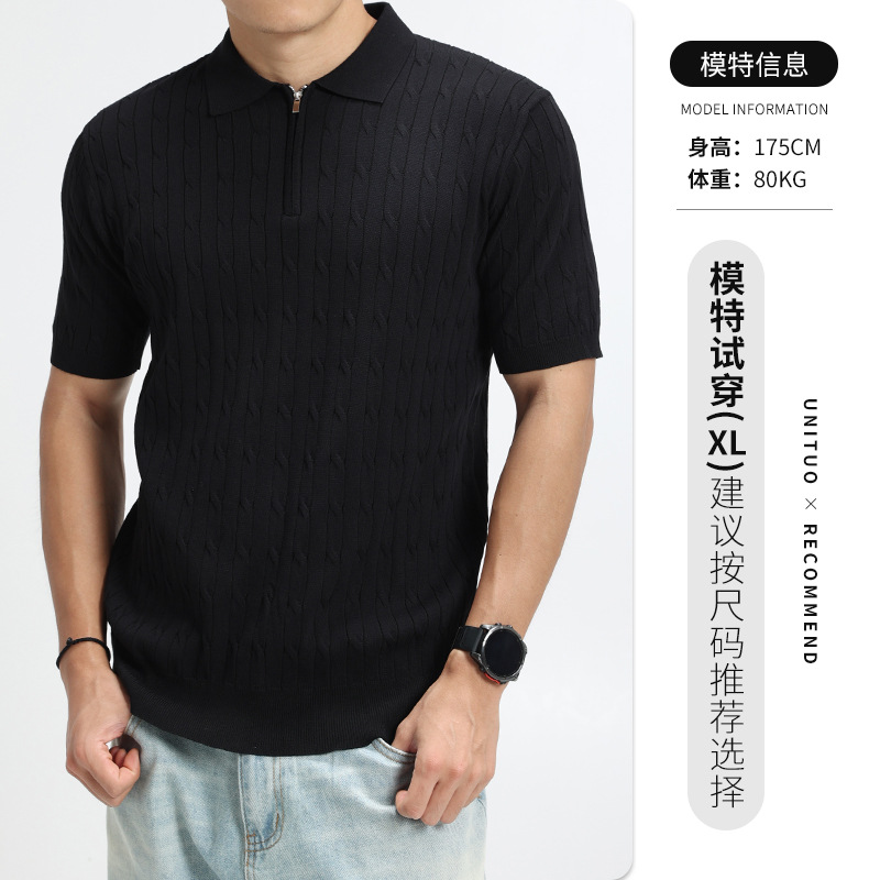 Polo de hielo transfronterizo camiseta de punto de manga corta para hombres Casual medio abierto zip Jacquard camiseta para hombres