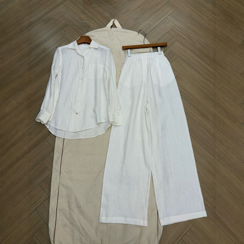 Shenzhen Nanyou 2025 Summer New Style Pressed Crepe Tencel Cotton Long-Sleeved Top + Wide-Leg Pants Time Style Suit