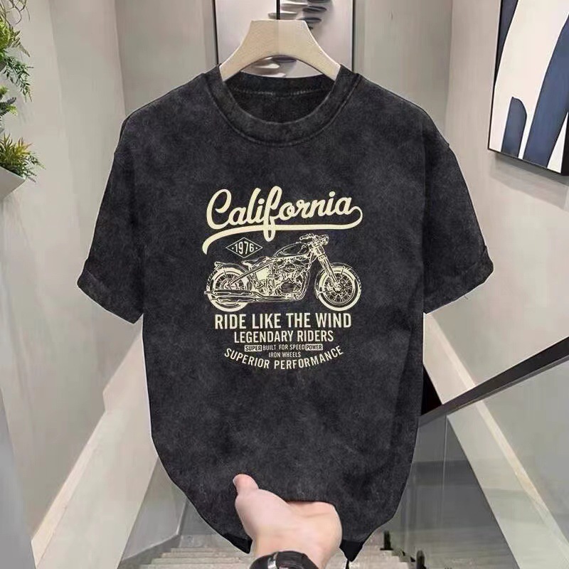 Camiseta de manga corta de algodón puro desgastado lavado retro americano para hombre, camiseta de media manga de marca holgada informal de verano para hombre