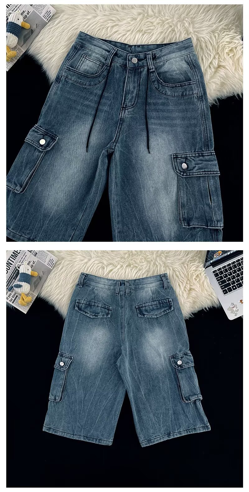Summer Men's Plus Size Capri Jeans Loose Wide Leg Hip Hop Cargo Shorts Multi Pocket Chubby Pants_mkmklike.com