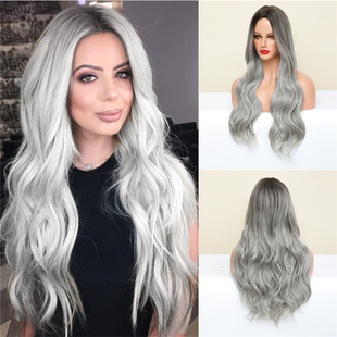 Foreign trade wig women's gradient gray long curly hair wigs European and American fashion long hair large wave headgear stock is sufficient